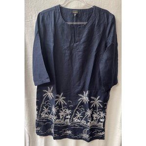 Talbots Tunic Dress Womens L Blue Short Palm Trees Lightweight Linen Embroidered